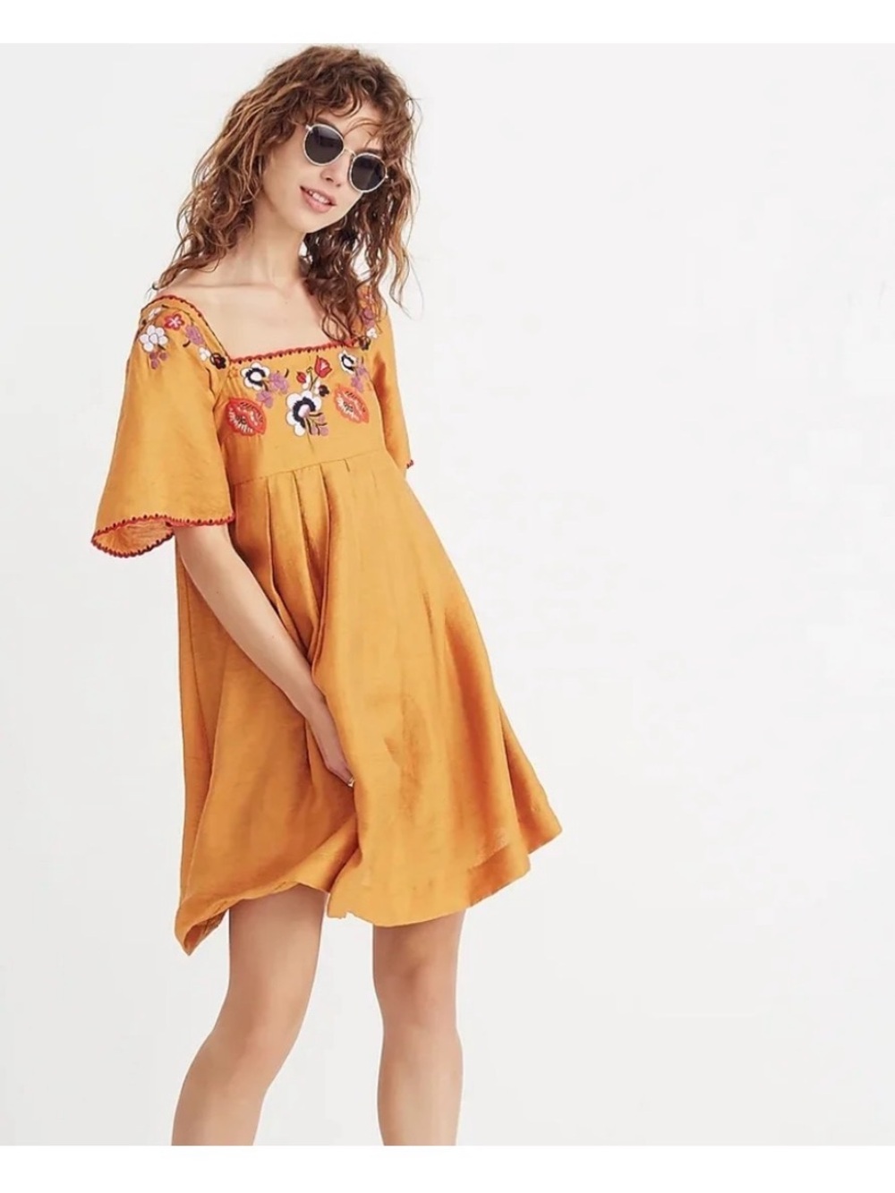 Madewell Mustard Embroidered Square-Neck Mini Dress